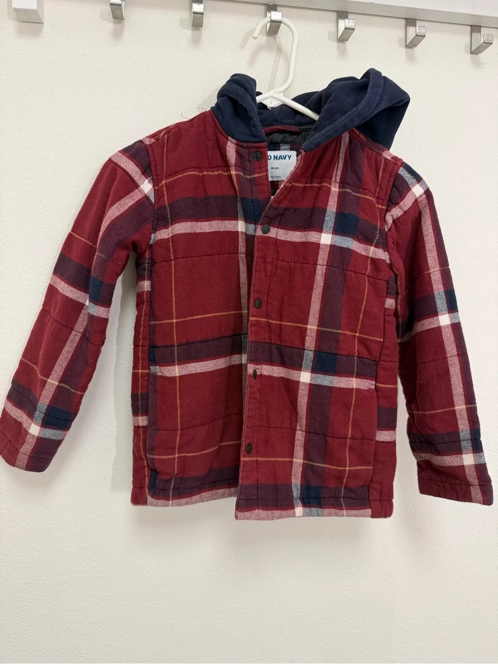 Old Navy Red Plaid Hooded Kids Jacket with Navy Hood